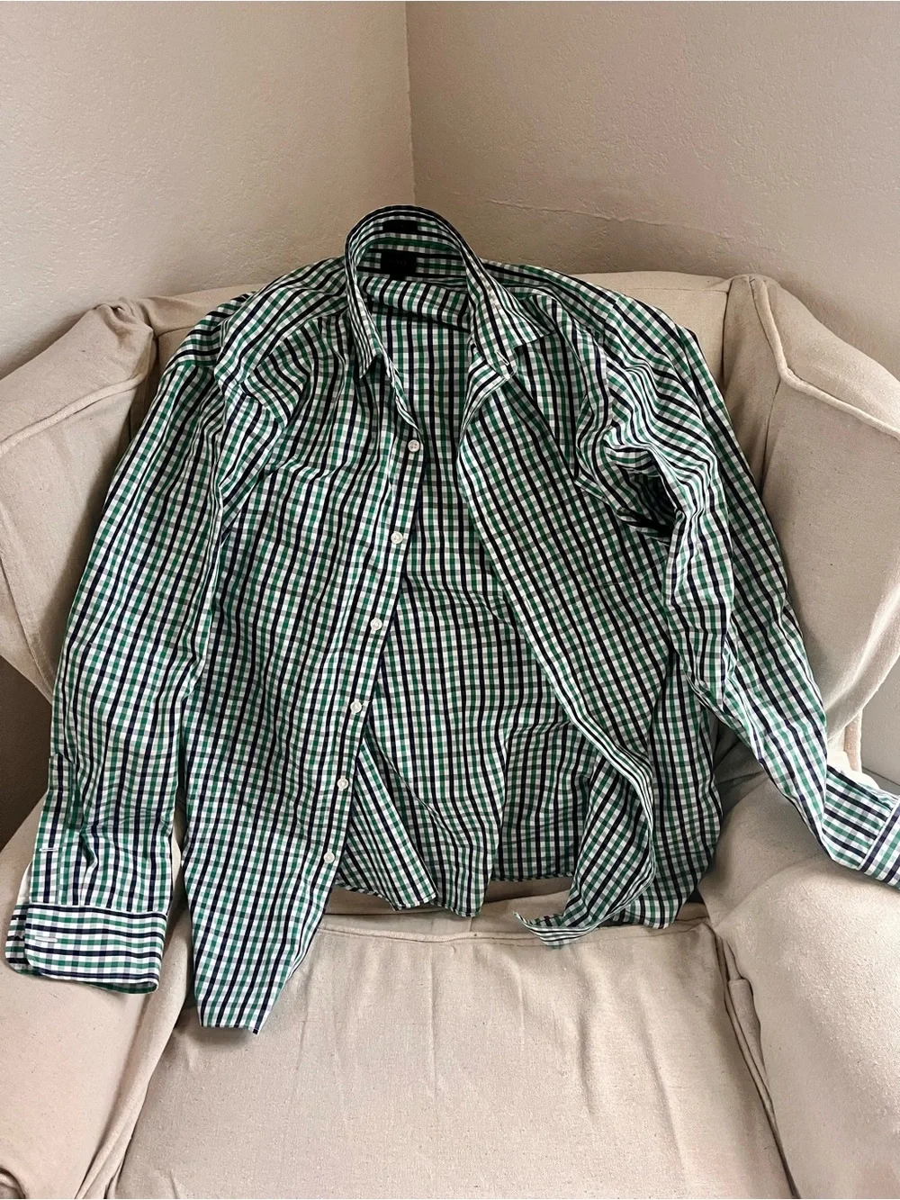 Men's Green Check Long-Sleeve Button-Down Shirt - Large - Slim Fit